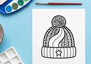 Winter knit beanie hat with pom pom and star icon, black and white coloring page design.