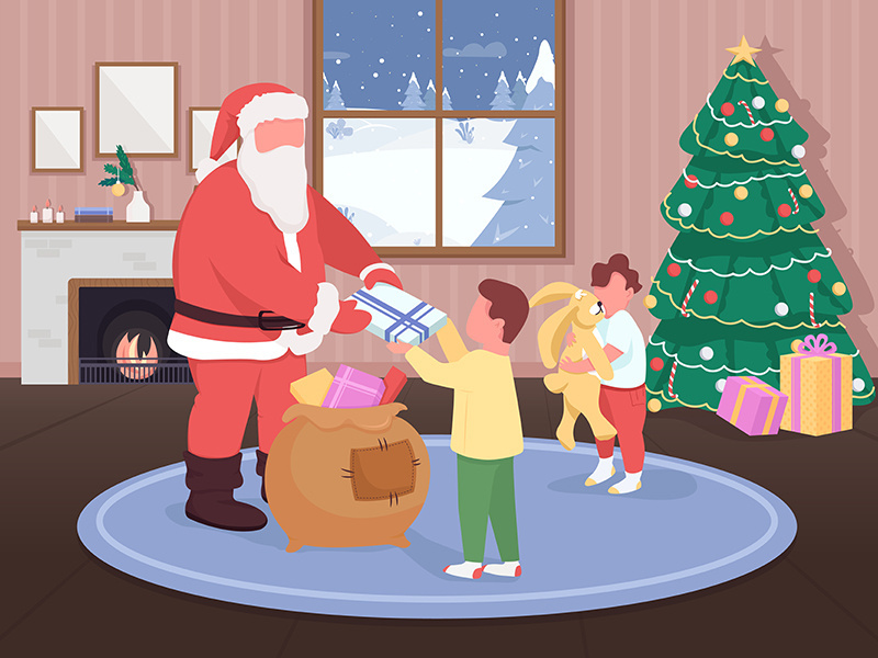 Santa gives gifts to children flat color vector illustration