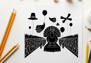 Silhouette of a may queen with balloons and a pilgrim hat