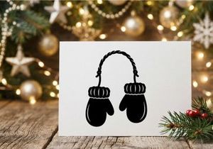 Black silhouette of winter mittens connected by a string on a white background