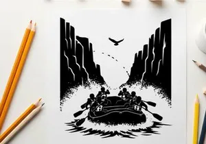 Silhouette of people rafting under a rainbow and flying bird