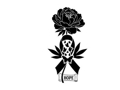 Silhouette of a skull with a flower and ribbon symbolizing hope
