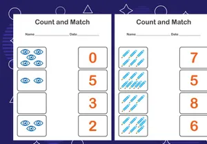 10 Pages Count and match with the correct number. Matching education game. Count how many items and choose the correct number