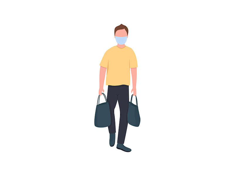 Caucasian man in mask with bags flat color vector faceless character