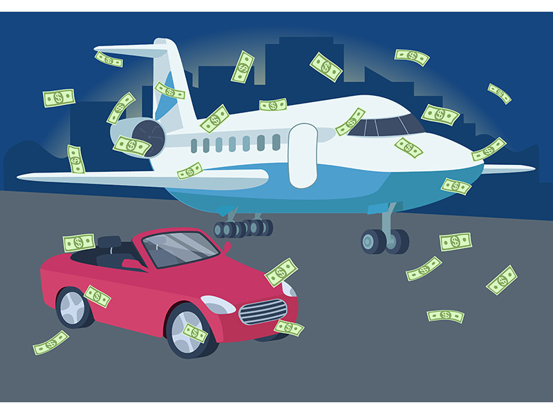 Car and plane with money rain flat color vector illustration