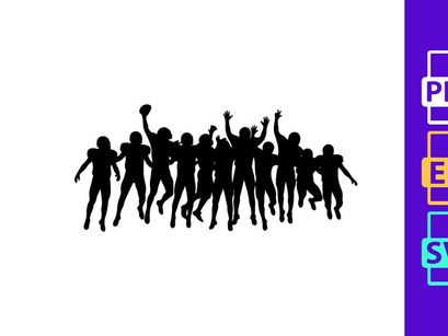 Silhouette of a group of people jumping in celebration with raised arms in unison