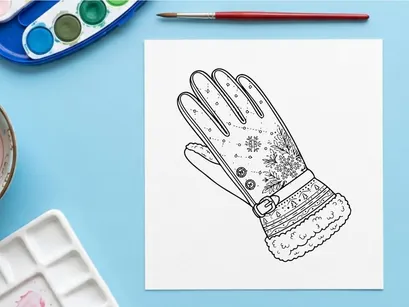 Winter glove line art illustration with snowflake pattern and fur cuff for Christmas design