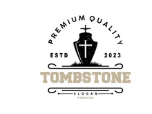 Tombstone Logo, Tomb Cemetery Cross, Vector Vintage Label, Retro Badge, Inspirational Design