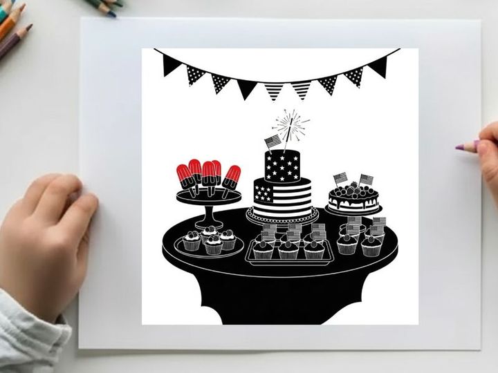 Patriotic dessert table with silhouette of cakes and decorations