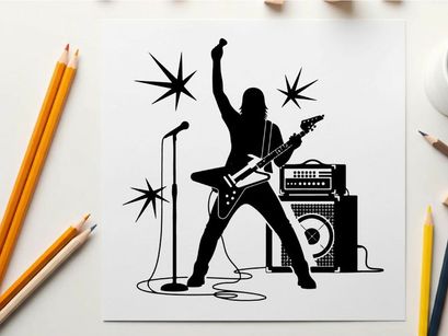 Silhouette of a rock musician playing electric guitar energetically