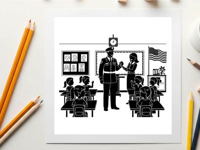 Police officer visiting a classroom with teacher and students silhouette