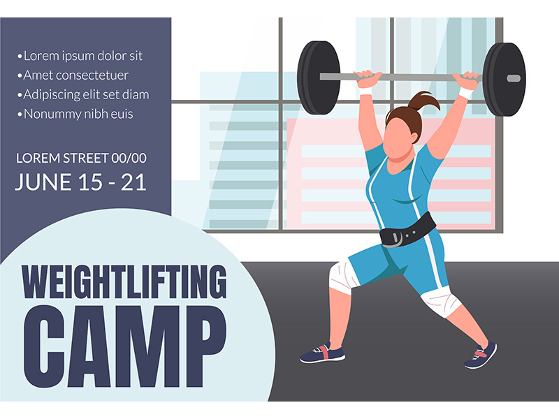 Weightlifting camp banner flat vector template