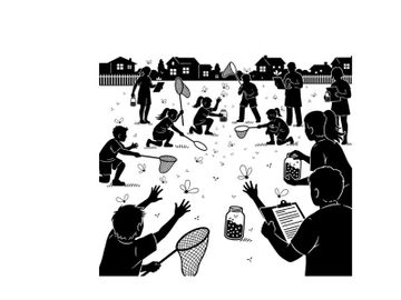 Children playing with butterflies in a suburban setting silhouette preview picture