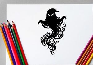 Stylized black silhouette of a mystical ghostly figure with flowing hair