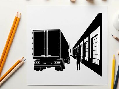 Silhouette of a man directing a semi truck to a warehouse dock