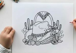 Western cowboy hat silhouette with cactus and basket