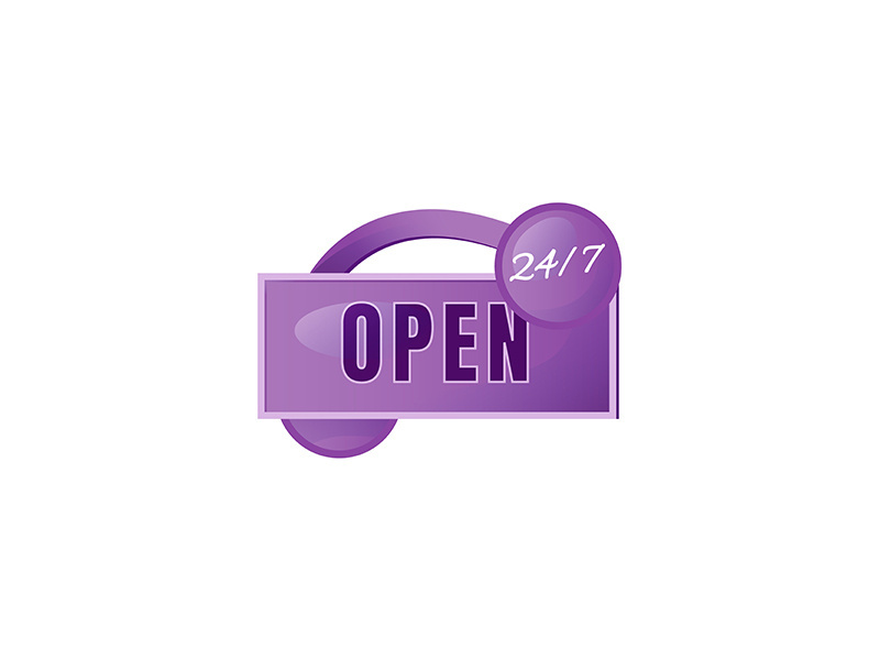 Open 24 hours purple vector board sign illustration