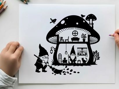 Whimsical silhouette of a gnome near a mushroom house with birds