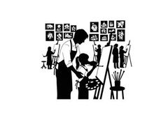 Silhouette of art teacher and student in art class with paintings
