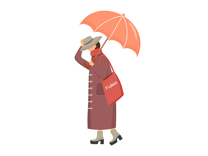 Woman in brown raincoat flat color vector faceless character