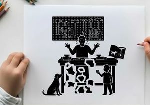 Silhouette of a man and boy with dog at a broken desk