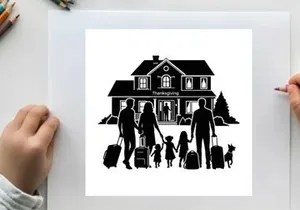 Family arriving at home for thanksgiving silhouette