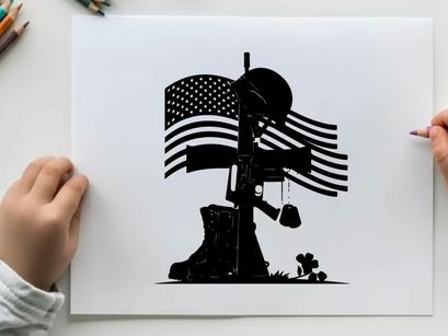 American military silhouette with flag and memorial cross