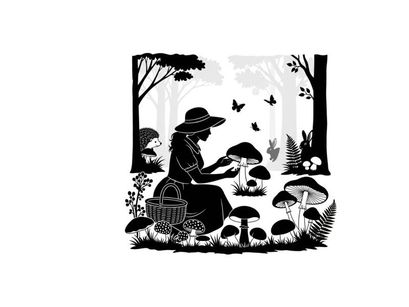 Silhouette of a woman picking mushrooms in a forest with trees and butterflies