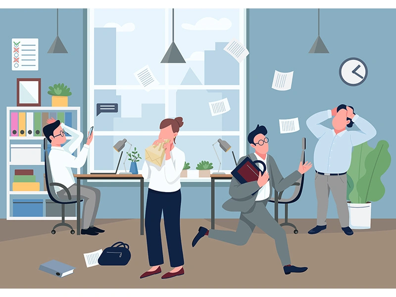 Panic in office flat color vector illustration