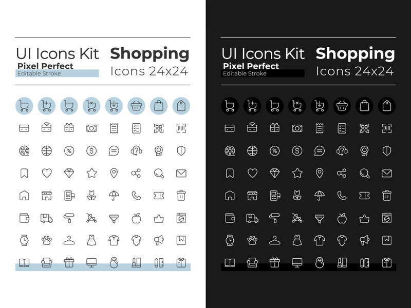 Shopping pixel perfect linear ui icons set