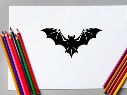 Silhouette eines Fledermaus mit ausgebreiteten Flügeln in Schwarz auf weißem Hintergrund