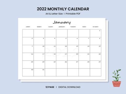 Monthly Calendar Landscape Printable Calendar Template Year 2022