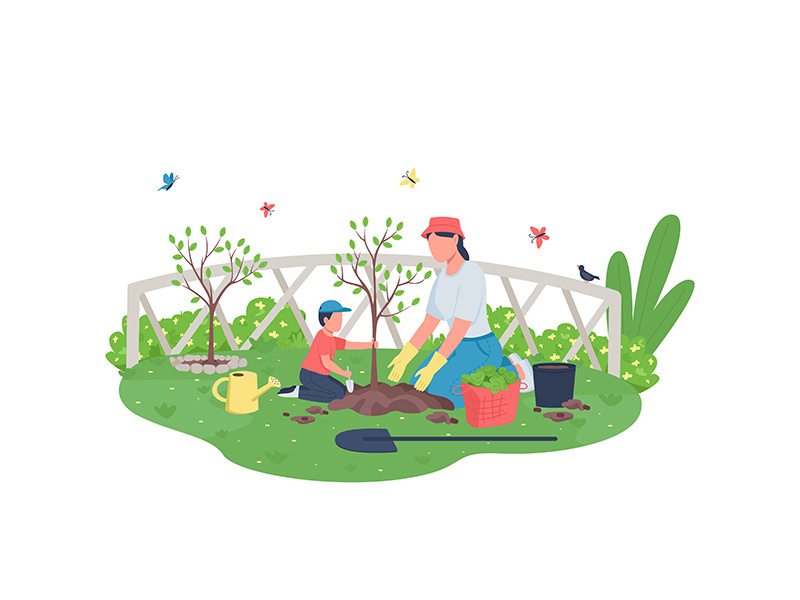 Mother with child planting tree flat color vector faceless characters