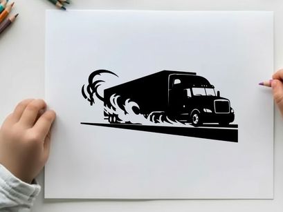 Black silhouette of a semi truck speeding down the road with flames