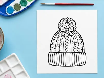 Christmas winter beanie hat with pom pom and bow line art illustration