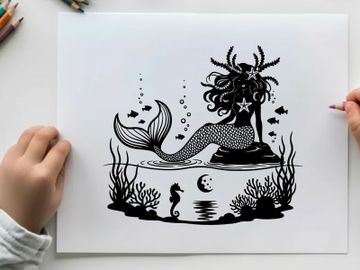 Mermaid silhouette sitting on rock surrounded by ocean creatures and seaweed silhouette preview picture