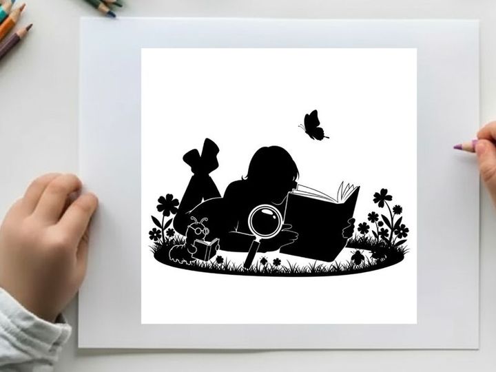 Silhouette of girl reading book with magnifying glass and butterfly nearby