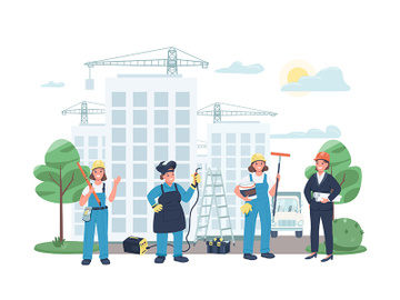 Construction site female workers flat color vector illustration preview picture