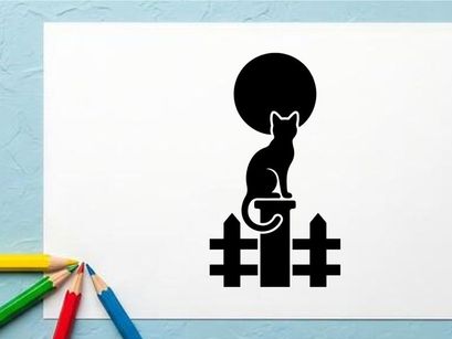 Silhouette of a Cat Sitting on a Fence with Full Moon in Night Sky