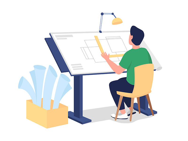 Male architect at work flat color vector faceless character