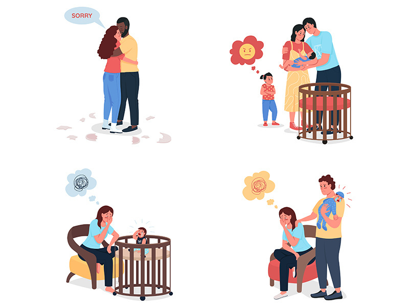 Young family problems flat color vector detailed character set