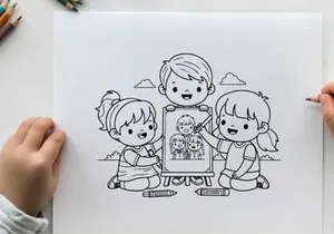 Children sharing family photo album vector illustration flat design