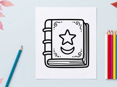 Buku terbuka bergambar Halloween dengan bintang tersenyum. Sketsa vintage horor buku sihir ajaib dengan simbol bercahaya ceria.