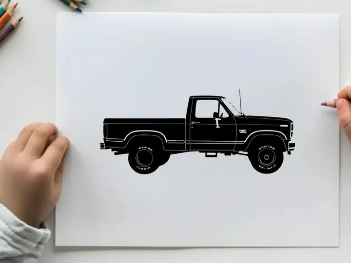 Silhouette of a classic pickup truck with a long bed and two doors