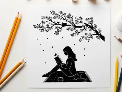 Silhouette of a woman reading under a blooming tree at night