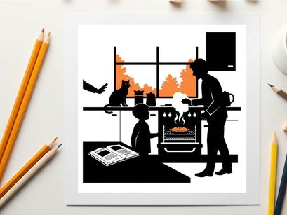 Silhouette of family in kitchen with burning house in background