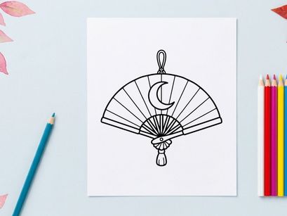 Hand-drawn Halloween paper fan with ghost and moon design. Spooky hand fan illustration for party decorations or crafts.