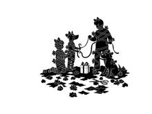 Silhouette of man and two dogs on a walk with gifts