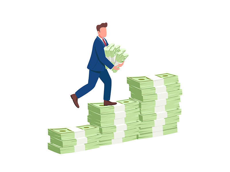 Man climbing money stairs flat concept vector illustration