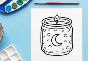 Candle in a jar coloring page. Cute moon and stars illustration for kids activity.